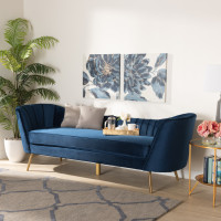 Baxton Studio TSF-6719-3-Navy Blue Velvet/Gold-SF Kailyn Glam and Luxe Navy Blue Velvet Fabric Upholstered and Gold Finished Sofa